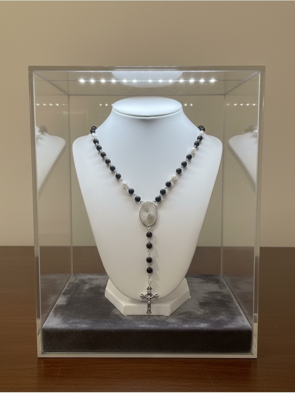 Black and Silver Rosary Necklace with Cross Pendant